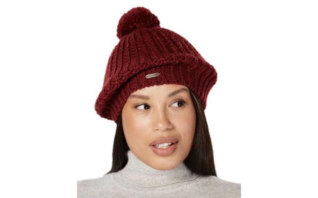  Ribbed-Knit Pom Pom Beanie (Maroon, One Size)