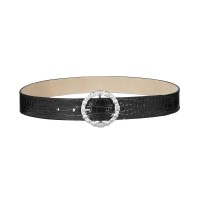 Steve Madden Studded-Buckle Croc-Embossed Belt (Black, L)
