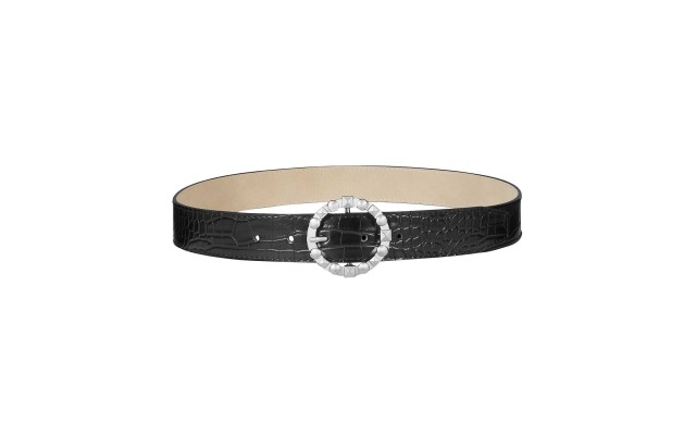  Studded-Buckle Croc-Embossed Belt (Black, L)
