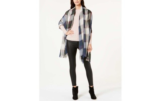  Women's Check Made Plaid Travel Scarf & Wraps, Navy