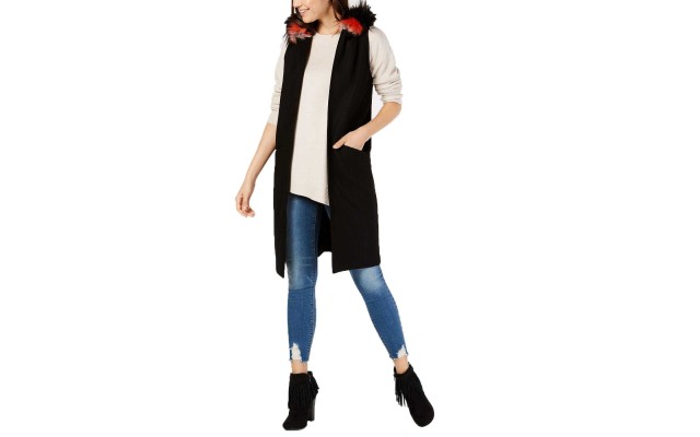  Women’s Faux Fur Trim Hooded Vest (Black, XS/S)