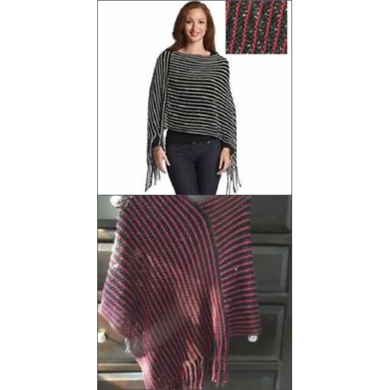  Women’s Two Tone Open Knit V-Neck  Red / Black One Size Poncho