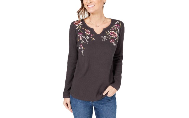 Style & Co Petite Cotton Embroidered Split-Neck Top (Desert Rose, PL)