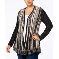 Style & Co Plus Printed Fringed Open-Front Cardigan (Beige)