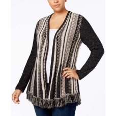 Style & Co Plus Printed Fringed Open-Front Cardigan (Beige)