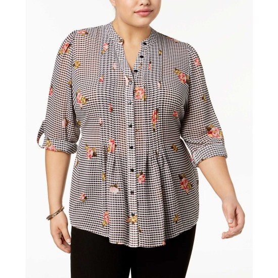 Style & Co Plus Printed Gingham Top (Charcoal, 3X)