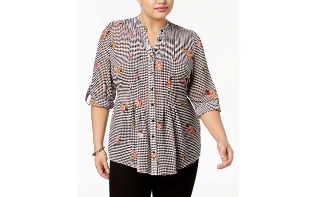 Style & Co Plus Printed Gingham Top (Charcoal, 3X)