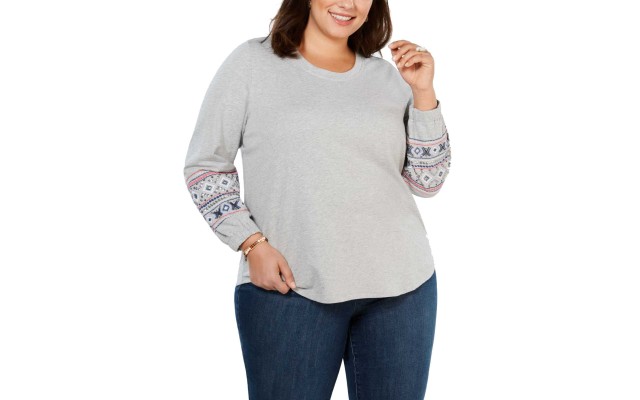 Style & Co Plus Size Cotton Embroidered-Sleeve Sweatshirt