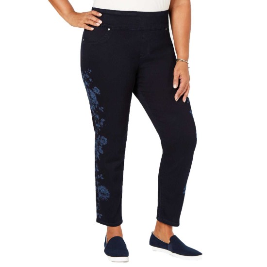 Style & Co Plus Size Cotton Pull-On Flower-Print Jeans (Medium Blue, 18W)