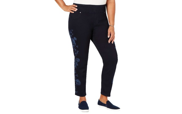 Style & Co Plus Size Cotton Pull-On Flower-Print Jeans (Medium Blue, 18W)