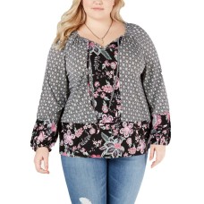 Style & Co Plus Size Mixed-Print Bishop-Sleeve Top (Black/Pink 1X)