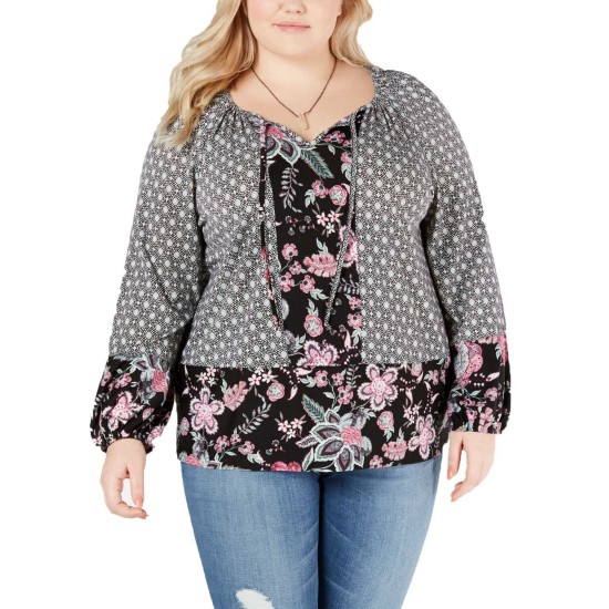 Style & Co Plus Size Mixed-Print Bishop-Sleeve Top (Black/Pink 1X)