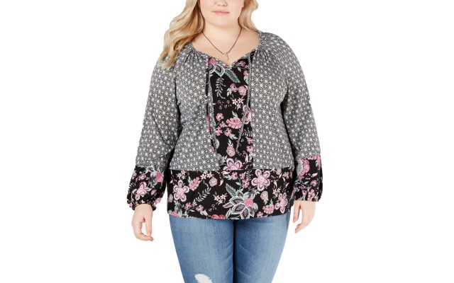 Style & Co Plus Size Mixed-Print Bishop-Sleeve Top (Black/Pink 1X)