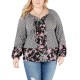 Style & Co Plus Size Mixed-Print Bishop-Sleeve Top (Black/Pink 1X)