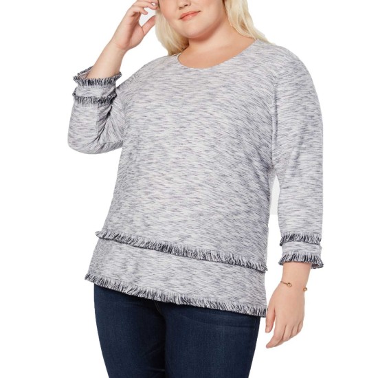 Style & Co Plus Size Space-Dyed Fringe-Trim Top (Gray, 1X)