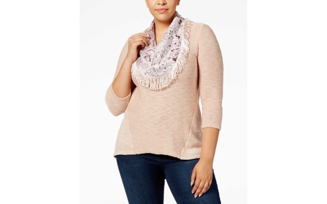 Style & Co Plus Velvet-Scarf Sweater (Peony Blush, 3X)