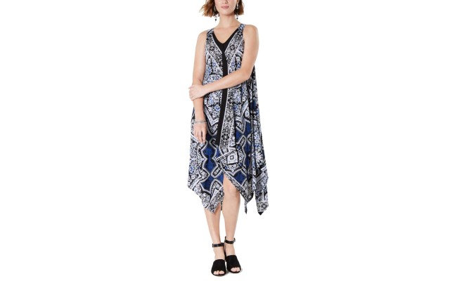 Style & Co Printed Handkerchief-Hem Dress (Navy/Multi, Medium)