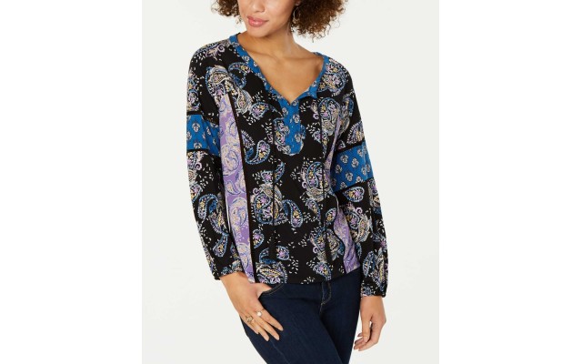 Style & Co Printed Split-Neck Top (Carefree Mix, M)