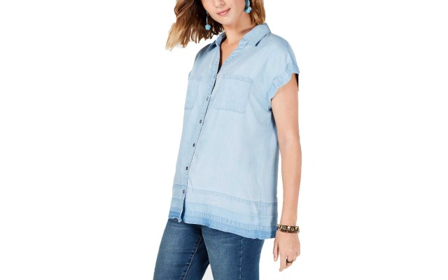 Style & Co Raw-Hem Seam-Striped Shirt (Ice Wash, L)