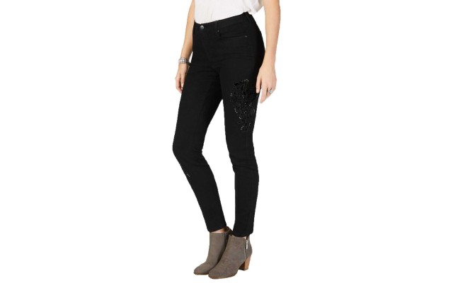 Style & Co Velvet-Applique Curvy-Fit Skinny Jeans (Black Rinse, 16)