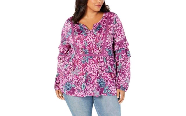  Women’s Floral-Print Tiered-Sleeve Blouse (Purple, 2X)