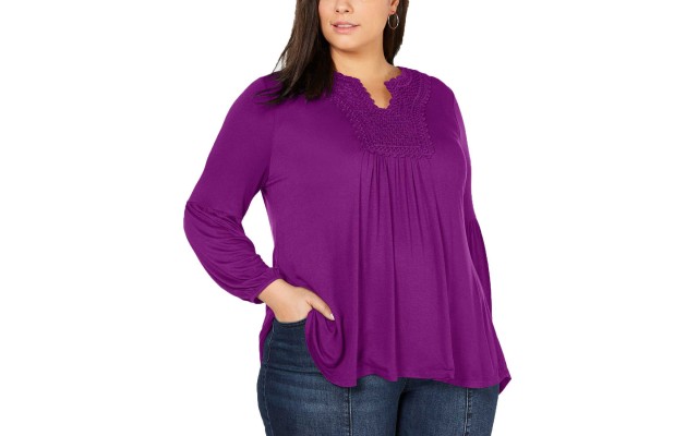 Style & Co Women's Plus Size Crochet-Yoke Peasant Blouse Pullover Tops