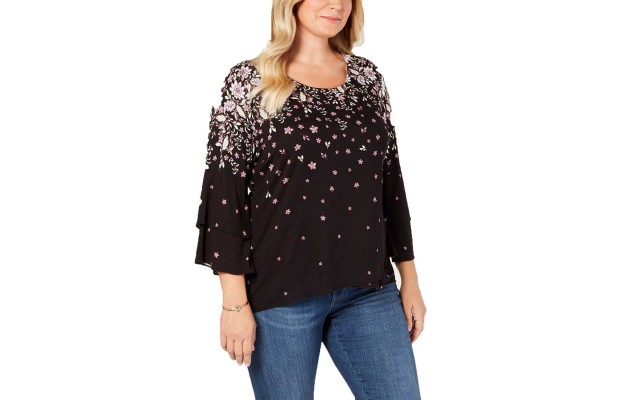 Style & Co Women's Plus Size Printed Tiered-Sleeve Blouse Tops