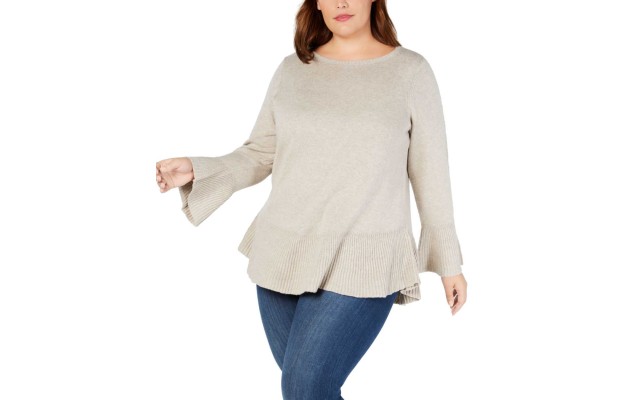  Women’s Ruffled Sweater (Beige, 2X)