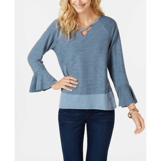 Style & Co X-Front Bell-Sleeve Top (Dark Blue, L)