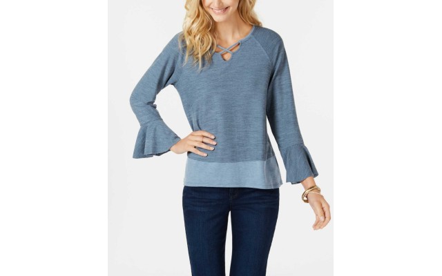 Style & Co X-Front Bell-Sleeve Top (Dark Blue, L)