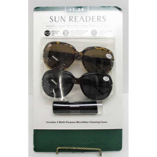  2 pack Invisible Seam Bifocals Mild Power +1.25 Sun Glasses (Black)