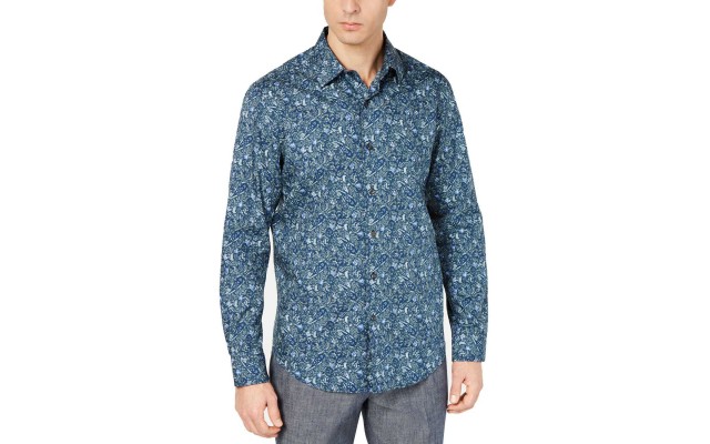  Men’s Baroque Paisley Shirt (Blue, L)