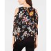  Printed Cold-Shoulder Necklace Top (Black Floral, XL)