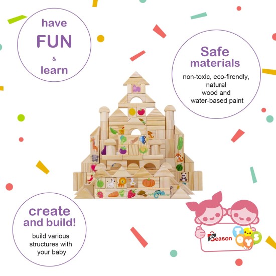  Montessori Wooden Blocks 110 Pieces Set, Cognitive Developmental Building Blocks – Education Game with Fruits, Vegetables, Animals for Kindergarten, Kids and Preschoolers