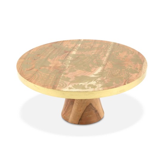  Wood Cake Stand with Gold-Tone Damask Design