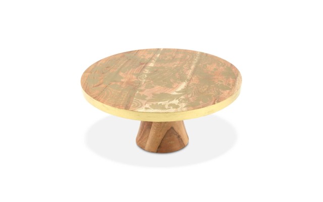  Wood Cake Stand with Gold-Tone Damask Design