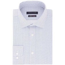 Tommy Hilfiger Men’s Fitted TH Flex Performance Stretch Moisture-Wicking Blue Print Dress Shirt (Blue, 16X32/33)