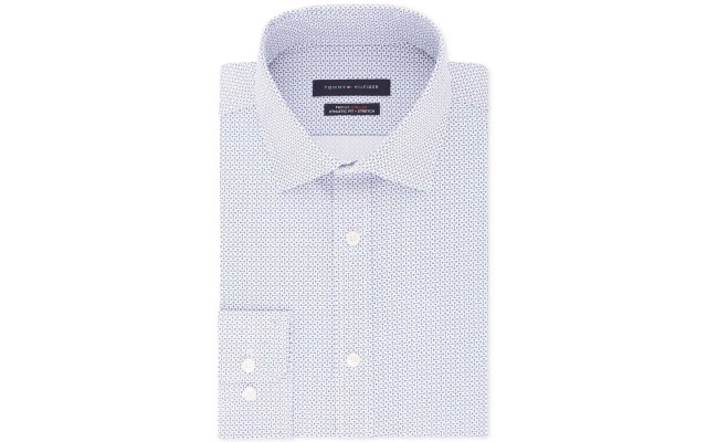  Men’s Fitted TH Flex Performance Stretch Moisture-Wicking Blue Print Dress Shirt (Blue, 16X32/33)