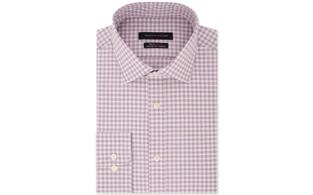  Men’s Fitted TH Flex Performance Stretch Moisture-Wicking Purple Check Dress Shirt (Soft Lilac, 16.5/36-37)