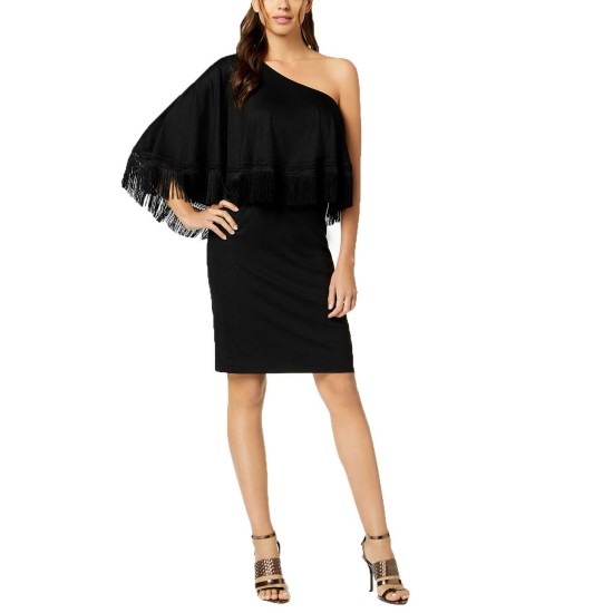  Eastside One-Shoulder Fringe Dress (Black, S)