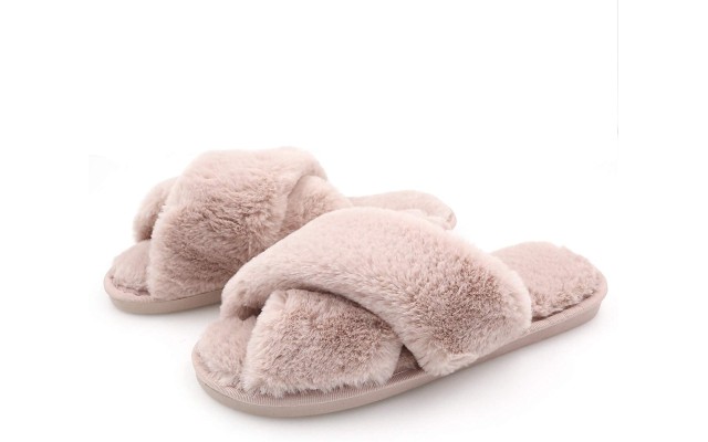  Women’s Cross Band Soft Plush Fluffy Furry Fleece House Indoor or Outdoor Ladies’ Slide Slippers