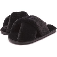 U-slide Women’s Cross Band Soft Plush Fluffy Furry Fleece House Indoor or Outdoor Ladies’ Slide Slippers