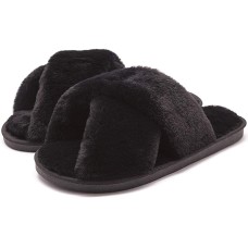 U-slide Women’s Cross Band Soft Plush Fluffy Furry Fleece House Indoor or Outdoor Ladies’ Slide Slippers