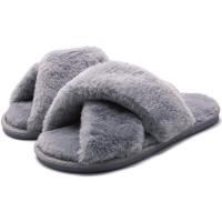 U-slide Women’s Cross Band Soft Plush Fluffy Furry Fleece House Indoor or Outdoor Ladies’ Slide Slippers