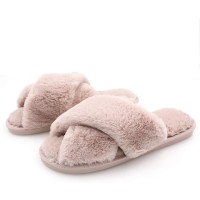 U-slide Women’s Cross Band Soft Plush Fluffy Furry Fleece House Indoor or Outdoor Ladies’ Slide Slippers