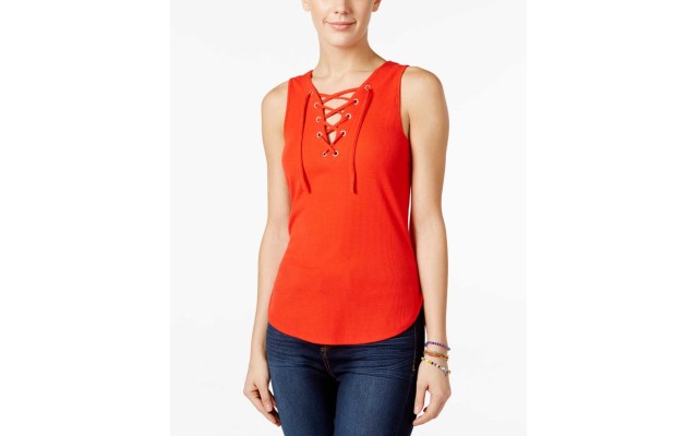Ultra Flirt Juniors’ Sleeveless Lace-Up Tank Top,SIZE LARGE