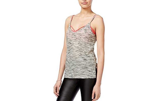  Women's Junior Printed High Low Tank Top, Heather Grey/Coral, Medium