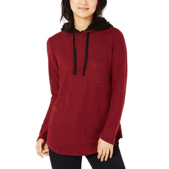  Women’s Marled Faux Sherpa-trimmed Hoodie (Red/Black, L)