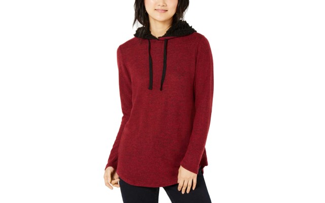  Women’s Marled Faux Sherpa-trimmed Hoodie (Red/Black, L)