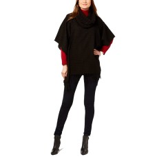 V. Fraas Women’s Cowl-Neck Fringe Knit Poncho (Black)